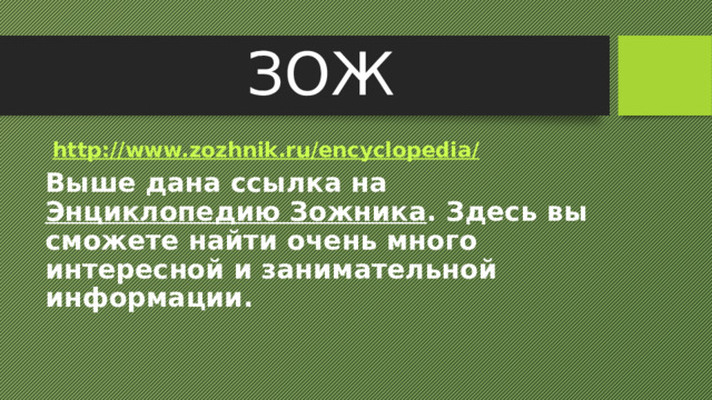 ЗОЖ  http ://www.zozhnik.ru/encyclopedia / Выше дана ссылка на Энциклопедию Зожника . Здесь вы сможете найти очень много интересной и занимательной информации. 