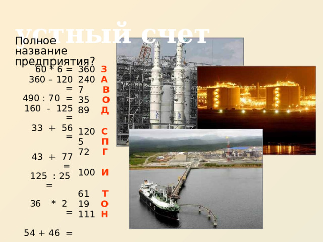 устный счет Полное название предприятия? 360 З 60 * 6 = 360 – 120 = 240 А 490 : 70 = 7 В 35 О 160 - 125 = 89 Д 33 + 56 =   120 С 43 + 77 = 5 П 125 : 25 = 72  Г * 2 =  54 + 46 = 100  И   79 -18 = 61 Т 19 О 90 - 71 = 89 + 22 = 111 Н  