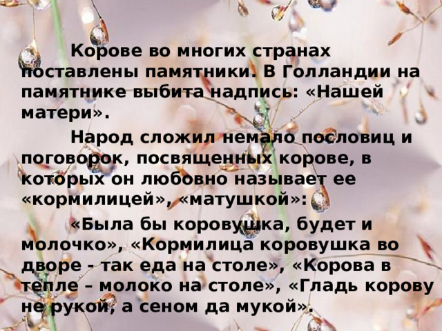  Корове во многих странах поставлены памятники. В Голландии на памятнике выбита надпись: «Нашей матери».  Народ сложил немало пословиц и поговорок, посвященных корове, в которых он любовно называет ее «кормилицей», «матушкой»:  «Была бы коровушка, будет и молочко», «Кормилица коровушка во дворе - так еда на столе», «Корова в тепле – молоко на столе», «Гладь корову не рукой, а сеном да мукой». 