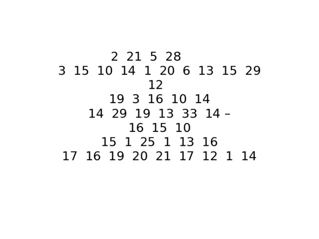 2 21 5 28  3 15 10 14 1 20 6 13 15 29  12  19 3 16 10 14  14 29 19 13 33 14 –  16 15 10  15 1 25 1 13 16  17 16 19 20 21 17 12 1 14