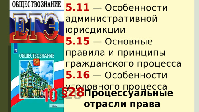 5.11  — Особенности административной юрисдикции 5.15  — Основные правила и принципы гражданского процесса 5.16 — Особенности уголовного процесса §28 Процессуальные отрасли права 
