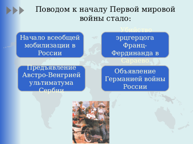 Поводом к началу Первой мировой войны стало:    Начало всеобщей мобилизации в России  Убийство эрцгерцога Франц-Фердинанда в Сараево Предъявление Австро-Венгрией ультиматума Сербии Объявление Германией войны России 