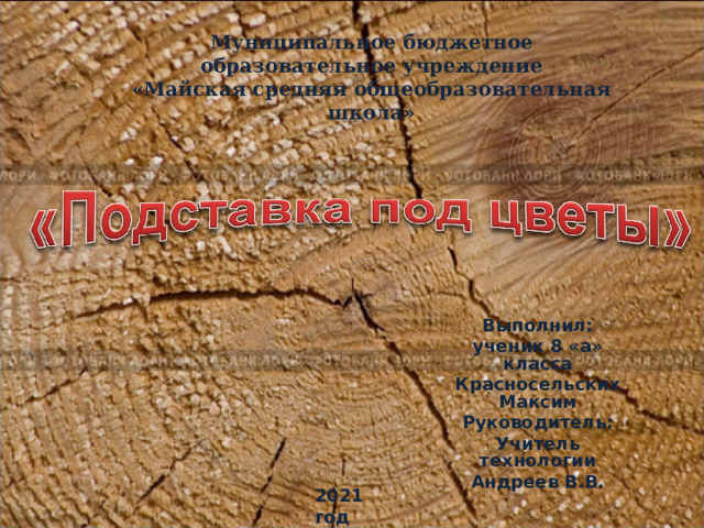 Муниципальное бюджетное образовательное учреждение  «Майская средняя общеобразовательная школа»   Выполнил: ученик 8 «а» класса Красносельских Максим Руководитель: Учитель технологии Андреев В.В. 2021 год 