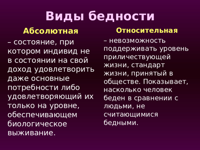 Виды бедности Абсолютная  Относительная  – состояние, при котором индивид не в состоянии на свой доход удовлетворить даже основные потребности либо удовлетворяющий их только на уровне, обеспечивающем биологическое выживание. – невозможность поддерживать уровень приличествующей жизни, стандарт жизни, принятый в обществе. Показывает, насколько человек беден в сравнении с людьми, не считающимися бедными. 