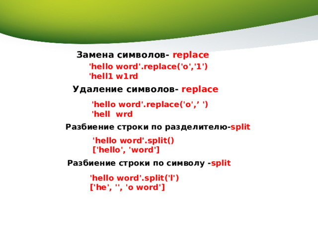 Замена символов- replace 'hello word'.replace('o','1') 'hell1 w1rd Удаление символов- replace 'hello word'.replace('o',’ ') 'hell wrd Разбиение строки по разделителю- split 'hello word'.split() ['hello', 'word'] Разбиение строки по символу - split 'hello word'.split('l') ['he', '', 'o word'] 