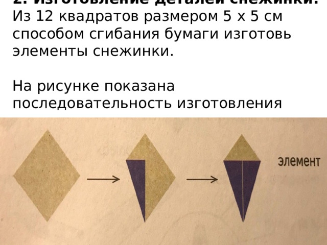  2. Изготовление деталей снежинки.  Из 12 квадратов размером 5 х 5 см способом сгибания бумаги изготовь элементы снежинки.   На рисунке показана последовательность изготовления одного элемента.   