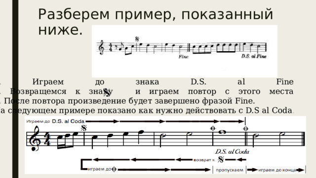 Разберем пример, показанный ниже. 1. Играем до знака D.S. al Fine  2. Возвращемся к знаку   и играем повтор с этого места  3. После повтора произведение будет завершено фразой Fine. На следующем примере показано как нужно действовать с D.S al Coda . 