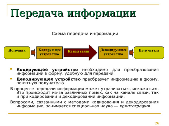 Передача информации Схема передачи информации Кодирующее устройство необходимо для преобразования информации в форму, удобную для передачи. Декодирующее устройство преобразует информацию в форму, понятную получателю. В процессе передачи информация может утрачиваться, искажаться. Это происходит из-за различных помех, как на канале связи, так и при кодировании и декодировании информации. Вопросами, связанными с методами кодирования и декодирования информации, занимается специальная наука — криптография . 