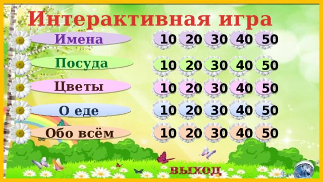 Интерактивная игра Имена 10 50 40 30 20 Посуда 10 30 40 50 20 Цветы 30 50 40 20 10 10 20 30 40 50 О еде Обо всём 50 40 30 20 10  