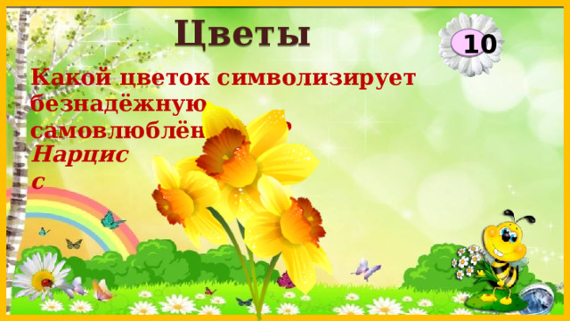 Цветы 10 Какой цветок символизирует безнадёжную самовлюблённость?  Нарцисс  