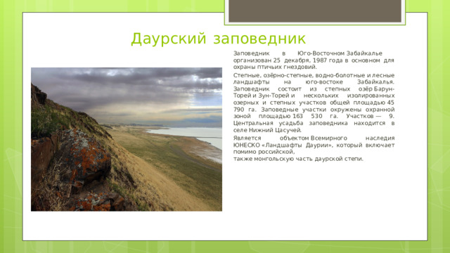 Даурский  заповедник Заповедник в Юго-Восточном Забайкалье организован 25 декабря, 1987 года в основном для охраны птичьих гнездовий. Степные, озёрно-степные, водно-болотные и лесные ландшафты на юго-востоке Забайкалья. Заповедник состоит из степных озёр Барун-Торей и Зун-Торей и нескольких изолированных озерных и степных участков общей площадью 45 790 га. Заповедные участки окружены охранной зоной площадью 163 530 га. Участков — 9. Центральная усадьба заповедника находится в селе Нижний Цасучей. Является объектом Всемирного наследия ЮНЕСКО «Ландшафты Даурии», который включает помимо российской, также монгольскую часть даурской степи.   