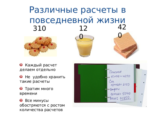 Различные расчеты в повседневной жизни 420 310 120  Каждый расчет делаем отдельно  Не удобно хранить такие расчеты  Тратим много времени  Все минусы обостряются с ростом количества расчетов 