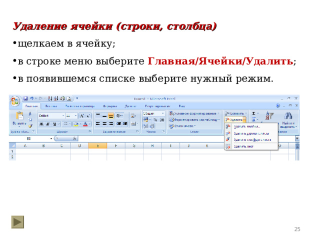 Удаление ячейки (строки, столбца) щелкаем в ячейку; в строке меню выберите  Главная/Ячейки/Удалить ; в появившемся списке  выберите нужный режим.  