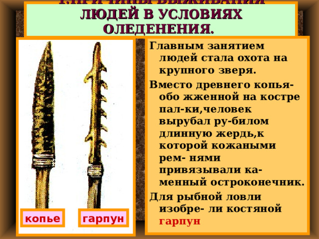 1.ПРИЧИНЫ ВЫЖИВАНИЯ ЛЮДЕЙ В УСЛОВИЯХ ОЛЕДЕНЕНИЯ. Главным занятием людей стала охота на крупного зверя. Вместо древнего копья-обо жженной на костре пал-ки,человек вырубал ру-билом длинную жердь,к которой кожаными рем- нями привязывали ка-менный остроконечник. Для рыбной ловли изобре- ли костяной гарпун копье гарпун 
