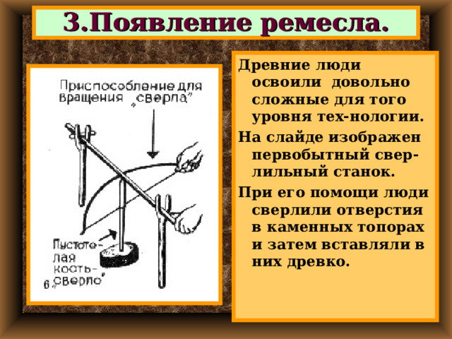 3.Появление ремесла. Древние люди освоили довольно сложные для того уровня тех-нологии. На слайде изображен первобытный свер-лильный станок. При его помощи люди сверлили отверстия в каменных топорах и затем вставляли в них древко. 