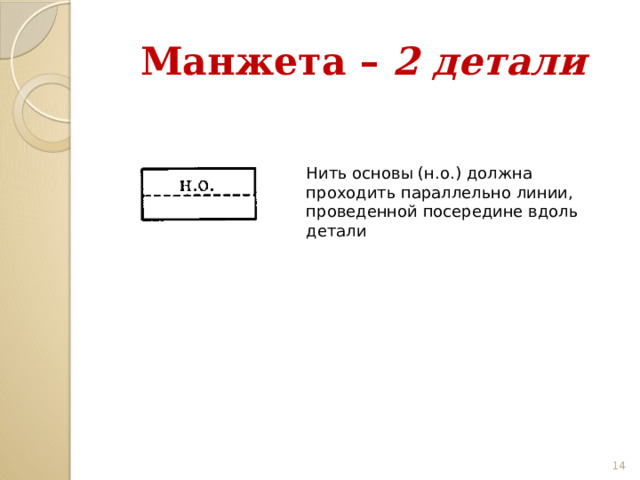 Манжета – 2 детали Нить основы (н.о.) должна проходить параллельно линии, проведенной посередине вдоль детали 13 