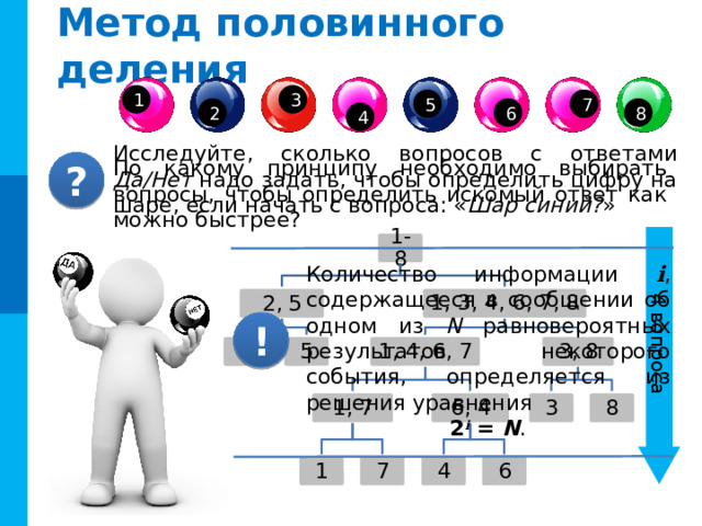 4 вопроса Метод половинного деления 3 1 7 5 6 2 8 4 Исследуйте, сколько вопросов с ответами Да/Нет надо задать, чтобы определить цифру на шаре, если начать с вопроса: « Шар синий? » По какому принципу необходимо выбирать вопросы, чтобы определить искомый ответ как можно быстрее? ? 1-8 Количество информации i , содержащееся в сообщении об одном из N равновероятных результатов некоторого события, определяется из решения уравнения 2 i  = N . 1, 3, 4, 6, 7, 8 2, 5 ! Комментарии Нажатие «пробела» приводит к появлению решения и ответа Второе нажатие – выводит второй вопрос и формулу для решения подобных задач 1, 4, 6, 7 2 3, 8 5 1, 7 6, 4 8 3 4 1 7 6 8 