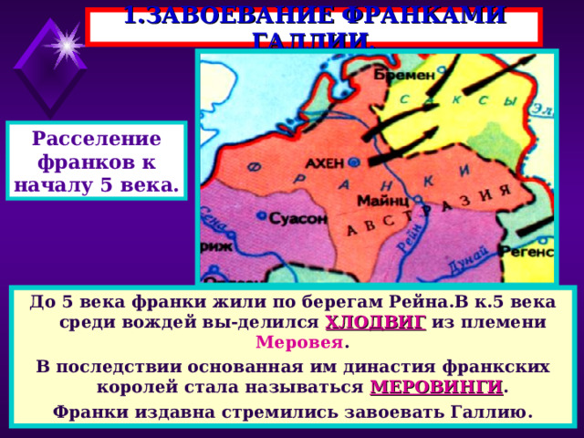 1.ЗАВОЕВАНИЕ ФРАНКАМИ ГАЛЛИИ. Расселение франков к началу 5 века. До 5 века франки жили по берегам Рейна.В к.5 века среди вождей вы-делился ХЛОДВИГ из племени Меровея . В последствии основанная им династия франкских королей стала называться МЕРОВИНГИ . Франки издавна стремились завоевать Галлию. 