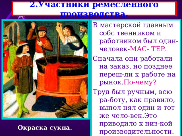 2.Участники ремесленного производства. В мастерской главным собс твенником и работником был один-человек- МАС- ТЕР. Сначала они работали на заказ, но позднее переш-ли к работе на рынок. По-чему? Труд был ручным, всю ра-боту, как правило, выпол нял один и тот же чело-век.Это приводило к низ-кой производительности. Окраска сукна. 