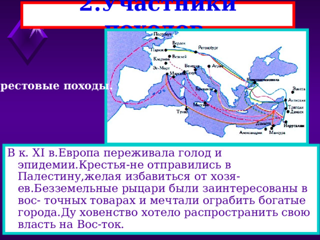 2.Участники походов. Крестовые походы. В к. XI в.Европа переживала голод и эпидемии.Крестья-не отправились в Палестину,желая избавиться от хозя-ев.Безземельные рыцари были заинтересованы в вос- точных товарах и мечтали ограбить богатые города.Ду ховенство хотело распространить свою власть на Вос-ток. 