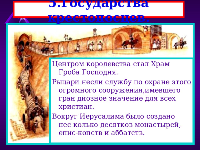 5.Государства крестоносцев. На восточном побережье Средиземного моря образовались государства крес-тоносцев.В Иерусалимском королевст-ве рыцари закабаляли и мусульман и христиан. Церкви здесь принадлежали обширные владения.Население платило налоги короля и десятину церкви. Центром королевства стал Храм Гроба Господня. Рыцари несли службу по охране этого огромного сооружения,имевшего гран диозное значение для всех христиан. Вокруг Иерусалима было создано нес-колько десятков монастырей, епис-копств и аббатств. 
