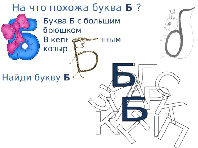 На что похожа буква Б  ? Буква Б с большим брюшком  В кепке с длинным козырьком. Найди букву Б 