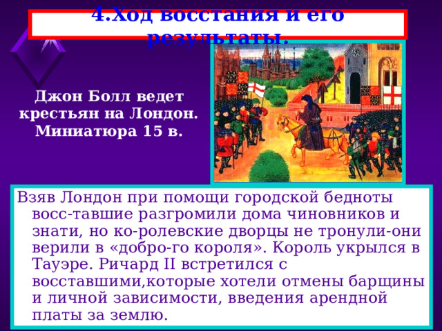 4.Ход восстания и его результаты. Джон Болл ведет крестьян на Лондон. Миниатюра 15 в. Взяв Лондон при помощи городской бедноты восс-тавшие разгромили дома чиновников и знати, но ко-ролевские дворцы не тронули-они верили в «добро-го короля». Король укрылся в Тауэре. Ричард II встретился с восставшими,которые хотели отмены барщины и личной зависимости, введения арендной платы за землю. 