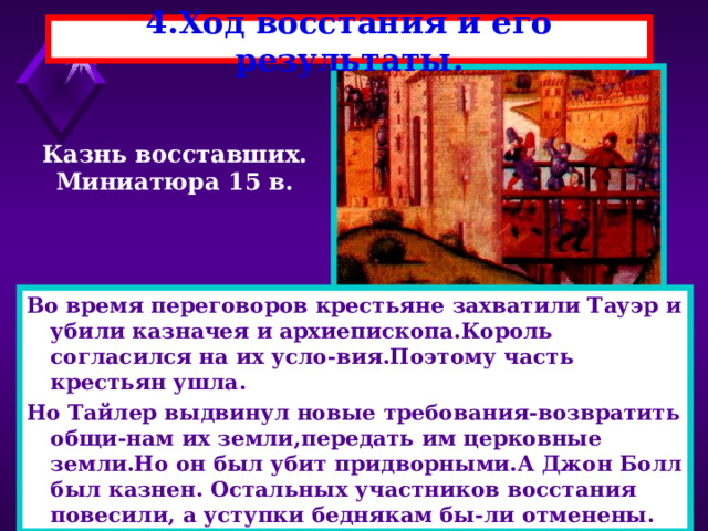 4.Ход восстания и его результаты. Казнь восставших. Миниатюра 15 в. Во время переговоров крестьяне захватили Тауэр и убили казначея и архиепископа.Король согласился на их усло-вия.Поэтому часть крестьян ушла. Но Тайлер выдвинул новые требования-возвратить общи-нам их земли,передать им церковные земли.Но он был убит придворными.А Джон Болл был казнен. Остальных участников восстания повесили, а уступки беднякам бы-ли отменены. 