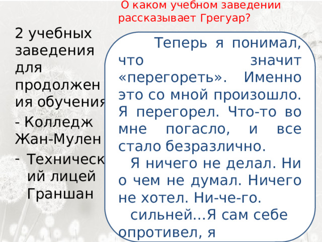 2 учебных заведения для продолжения обучения - Колледж Жан-Мулен Технический лицей Граншан   О каком учебном заведении рассказывает Грегуар? Нет, Теперь я понимал, что значит «перегореть». Именно это со мной произошло. Я перегорел. Что-то во мне погасло, и все стало безразлично. Я ничего не делал. Ни о чем не думал. Ничего не хотел. Ни-че-го. сильней…Я сам себе опротивел, я превращался в идиота. 