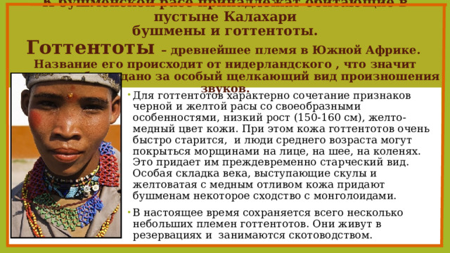  К бушменской расе принадлежат обитающие в пустыне Калахари  бушмены и готтентоты.  Готтентоты – древнейшее племя в Южной Африке.  Название его происходит от нидерландского , что значит «заика», и было дано за особый щелкающий вид произношения звуков.   Для готтентотов характерно сочетание признаков черной и желтой расы со своеобразными особенностями, низкий рост (150-160 см), желто-медный цвет кожи. При этом кожа готтентотов очень быстро старится,  и люди среднего возраста могут покрыться морщинами на лице, на шее, на коленях. Это придает им преждевременно старческий вид. Особая складка века, выступающие скулы и желтоватая с медным отливом кожа придают бушменам некоторое сходство с монголоидами. В настоящее время сохраняется всего несколько  небольших племен готтентотов. Они живут в резервациях и  занимаются скотоводством. 