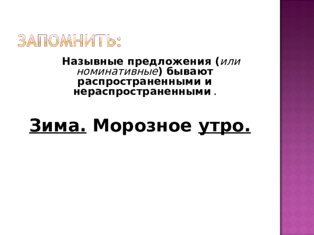  Назывные предложения ( или номинативные ) бывают распространенными и нераспространенными .   Зима. Морозное утро.       
