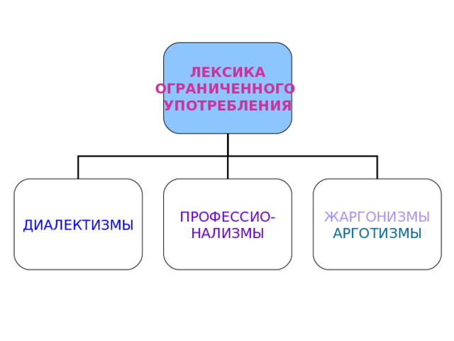 ЛЕКСИКА ОГРАНИЧЕННОГО УПОТРЕБЛЕНИЯ ДИАЛЕКТИЗМЫ ПРОФЕССИО- НАЛИЗМЫ ЖАРГОНИЗМЫ АРГОТИЗМЫ 