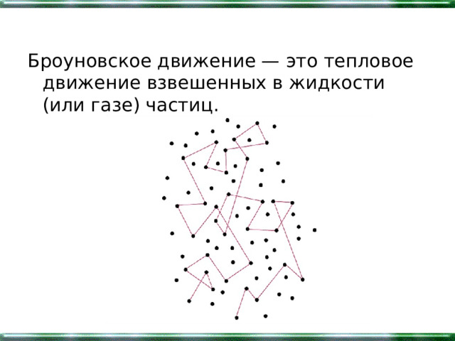 Броуновское движение — это тепловое движение взвешенных в жидкости (или газе) частиц. 