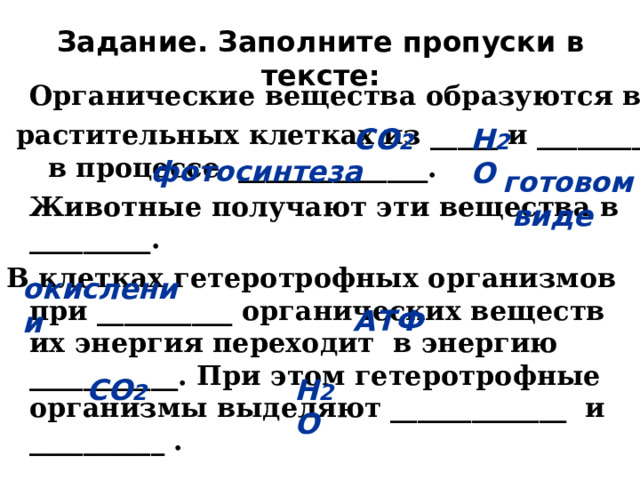 Задание. Заполните пропуски в тексте:  Органические вещества образуются в  растительных клетках из __ ___ и ________ в процессе ______________.   Животные получают эти вещества в _________. В клетках гетеротрофных организмов при __________ органических веществ их энергия переходит в энергию ___________. При этом гетеротрофные организмы выделяют _____________ и __________ . СО 2 Н 2 О фотосинтеза готовом  виде окислении АТФ СО 2 Н 2 О 