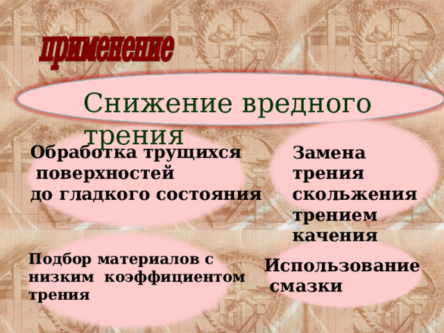Снижение вредного трения Обработка трущихся  поверхностей до гладкого состояния  Замена трения скольжения трением качения Подбор материалов с низким коэффициентом трения Использование  смазки 