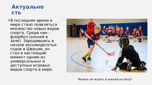 Актуальность В последнее время в мире стало появляться множество новых видов спорта. Среди них - флорбол (хоккей в зале). Зародившись в начале восьмидесятых годов в Швеции, он стал в настоящий момент одним из универсальных и доступных игровых видов спорта в мире. Можно ли играть в хоккей на полу? 