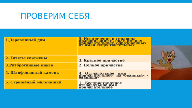Проверим себя. 1.Деревянный дом 5. Исключение из правила правописания н, нн, в именах прилагательных, образованных от имен существительных 2. Газеты сожжены   3. Краткое причастие 3.Разбросанные книги   2. Полное причастие 4. Шлифованный камень 4. Отглагольное имя прилагательное на -ованный-, -ѐванный- 5. Стриженый мальчишка 1. Бесприставочное отглагольное имя прилагательное 