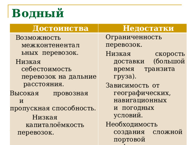 В о дны й  транспорт:  м о рской Достоинства Недостатки Возможность меж к онтен е н т а л ь н ы х перевозок. Ограниченность  перевозок. Ни з к ая  се б е с т о и м о с т ь перевозок на дальние  расстояния. Низкая  скорость  доставки  (большой время транзита  груза). Высокая   провозная  и З а висим о с т ь  от географических,  н а виг а ц и о н ны х   и погодных  условий. пропускная  способность. Необходимость  создания  сл о жной  п о р т о в о й инфраструктуры. Низкая  капиталоёмкость перевозок.  