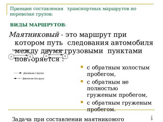 Принцип составления  транспортных  маршрутов  по перевозке  грузов: ВИДЫ  МАРШРУТОВ : Маятниковый - это маршрут при котором путь  следования автомобиля между двумя грузовыми  пунктами  повторяется  : с  обратным  холостым пробегом, с  обратным  не полностью груженым  пробегом, с  обратным  груженым пробегом. Задача  при  составлении  маятникового  маршрута: найти  кратчайший  путь  движения, обеспечить  обратный  груженый  пробег  