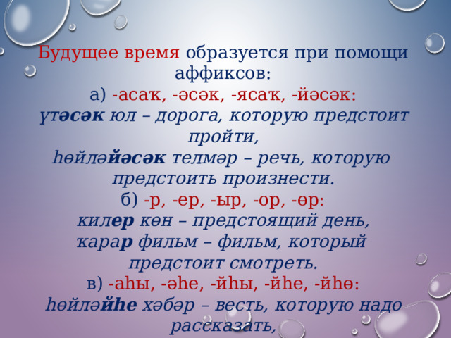 Будущее время образуется при помощи аффиксов: а)  -асаҡ, -әсәк, -ясаҡ, -йәсәк: үт әсәк юл – дорога, которую предстоит пройти, һөйлә йәсәк телмәр – речь, которую предстоить произнести. б) -р, -ер, -ыр, -ор, -өр: кил ер көн – предстоящий день, ҡара р фильм – фильм, который предстоит смотреть. в)  -аһы, -әһе, -йһы, -йһе, -йһө: һөйлә йһе хәбәр – весть, которую надо рассказать, бар аһы ер – место, куда предстоит идти. 