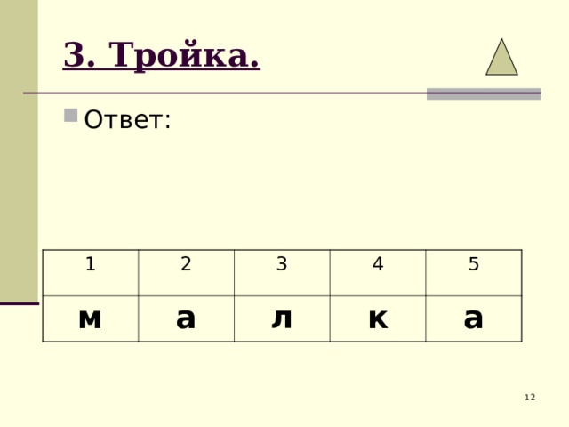 3. Тройка. Ответ: 1 м 2 3 а 4 л 5 к а 