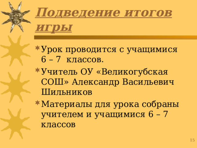 Подведение итогов игры Урок проводится с учащимися 6 – 7 классов. Учитель ОУ «Великогубская СОШ» Александр Васильевич Шильников Материалы для урока собраны учителем и учащимися 6 – 7 классов 