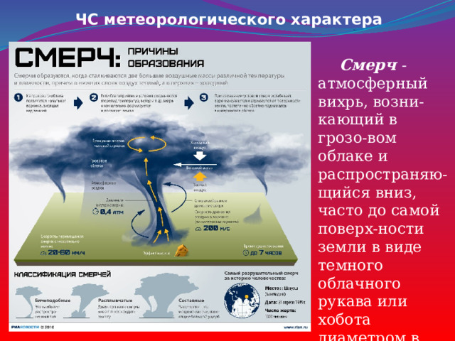 ЧС метеорологического характера   Смерч - атмосферный вихрь, возни-кающий в грозо-вом облаке и распространяю-щийся вниз, часто до самой поверх-ности земли в виде темного облачного рукава или хобота диаметром в десятки и сотни метров. 