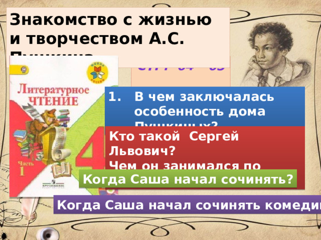 Знакомство с жизнью и творчеством А.С. Пушкина Стр. 64 - 65 В чем заключалась особенность дома Пушкиных? Кто такой Сергей Львович? Чем он занимался по вечерам? Когда Саша начал сочинять? Когда Саша начал сочинять комедии? 