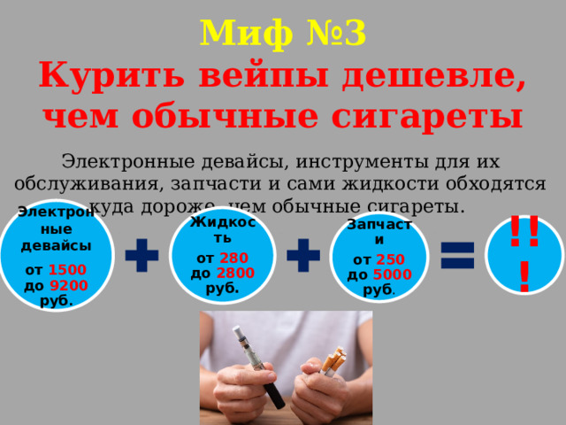 Миф №3  Курить вейпы дешевле, чем обычные сигареты Электронные девайсы, инструменты для их обслуживания, запчасти и сами жидкости обходятся куда дороже, чем обычные сигареты. Электрон ные девайсы  от 1500 до 9200 руб . Жидкость от 280 до 2800 руб. Запчасти от 250 до 5000 руб . !!! 