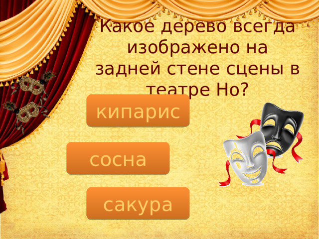 Какое дерево всегда изображено на задней стене сцены в театре Но? кипарис сосна сакура  