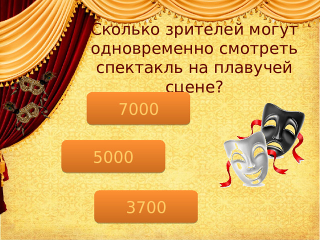 Сколько зрителей могут одновременно смотреть спектакль на плавучей сцене? 7000 5000 3700  