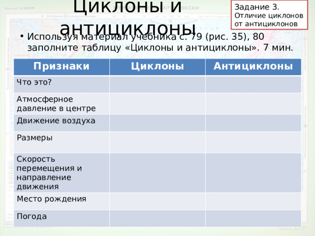 Задание 3. Циклоны и антициклоны Отличие циклонов от антициклонов Используя материал учебника с. 79 (рис. 35), 80 заполните таблицу «Циклоны и антициклоны». 7 мин. Признаки Циклоны Что это? Антициклоны Атмосферное давление в центре Движение воздуха Размеры Скорость перемещения и направление движения Место рождения Погода 