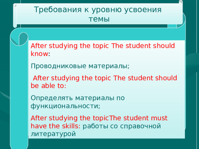 Требования к уровню усвоения  темы After studying the topic  The student should know : Проводниковые материалы;  After studying the topic  The student should be able to: Определять материалы по функциональности; After studying the topicThe student must have the skills:  работы со справочной литературой 