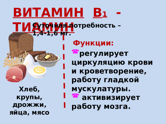 ВИТАМИН  В 1 - ТИАМИН Суточная потребность – 1,4-1,6 мг. Функции: регулирует циркуляцию крови и кроветворение, работу гладкой мускулатуры.  активизирует работу мозга. Хлеб, крупы, дрожжи, яйца, мясо 